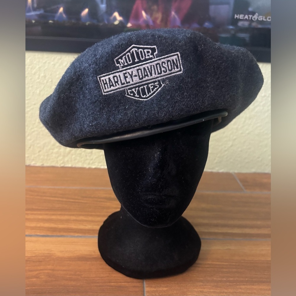 Vintage Harley-Davidson Gray Wool Ivy Cap, Beret, Newsboy Flat Cap, Leather Brim